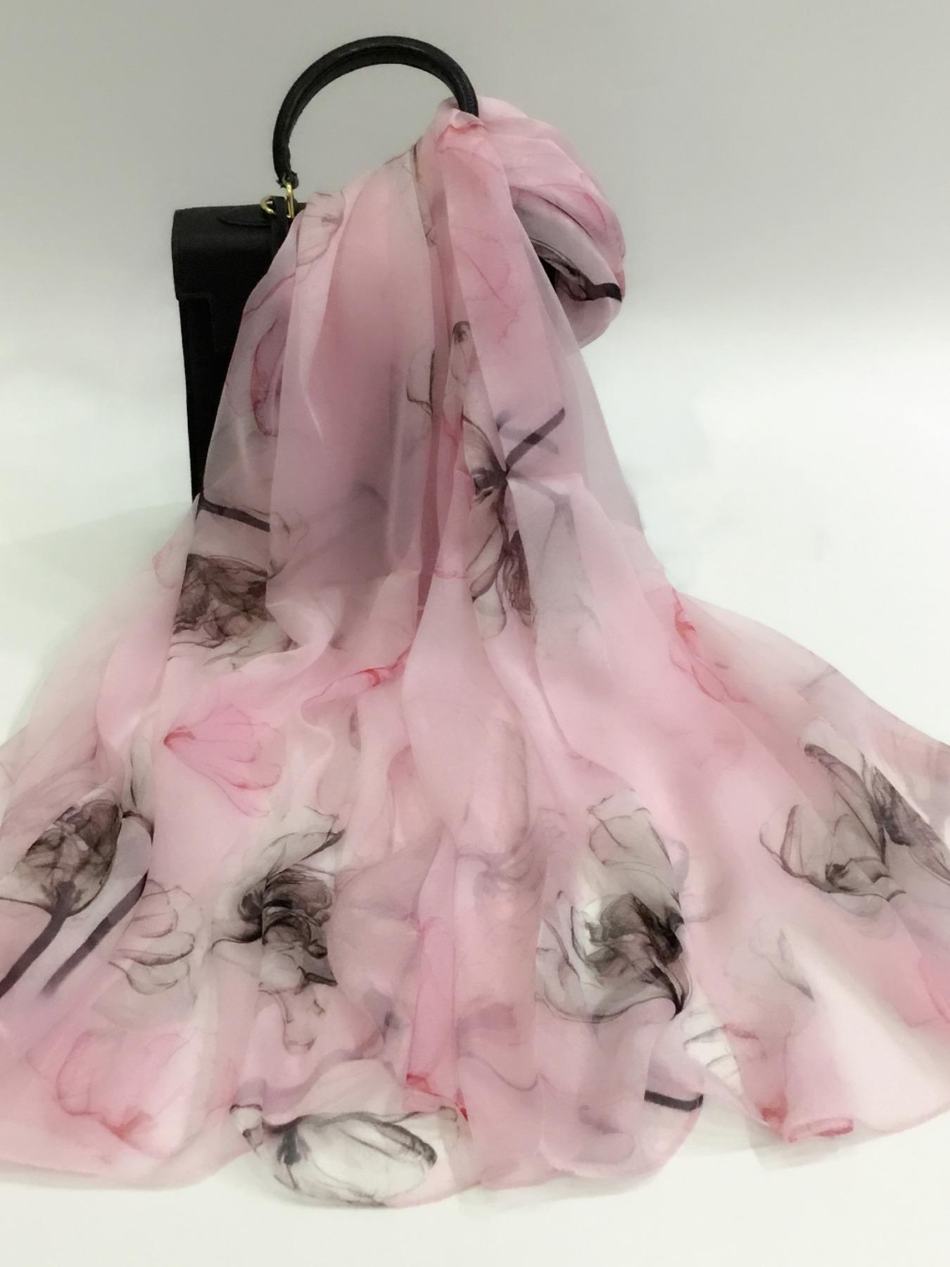 175cm*110cm Printed Silk Shawl for Women, High-End Silk Scarf, Lotus Pattern, 100% Mulberry Silk, Soft and Breathable, Ideal Gift