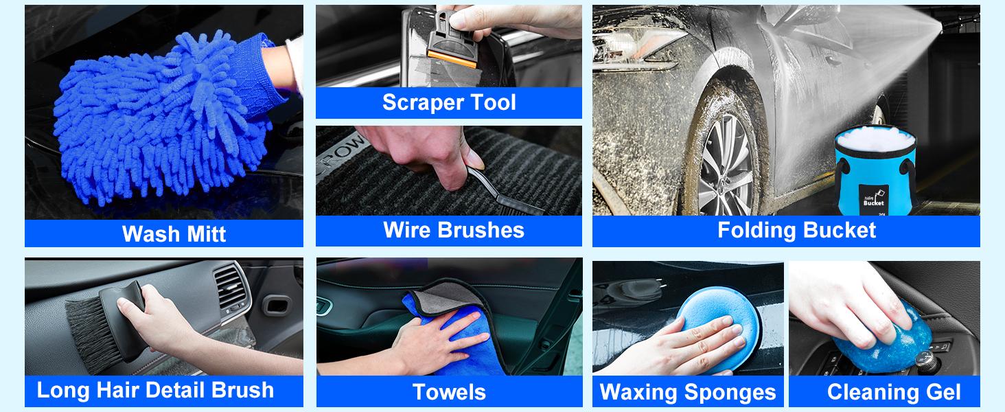 THINKWORK Car Wash Kit, Car Detailing Kit with Foam Gun, Car Wash Brush Mop and Large Folding Bucket Suitable for Car Cleaning, Blue Car Wash Set Gift for Men and Women