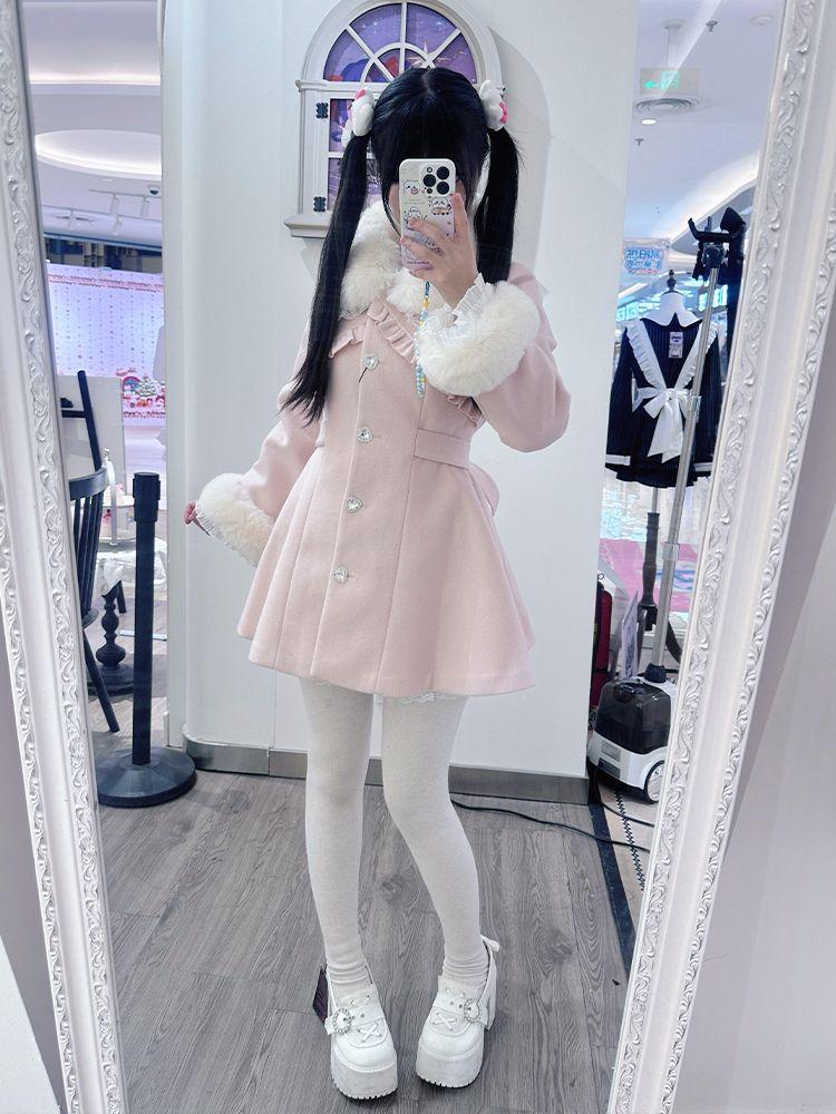 Winter Design Fashion Elegant Pink Slim Woolen Cloth Coat Women Kawaii Sweet Warm Fur Collar Bow Lace Patchwork Casual Overcoat