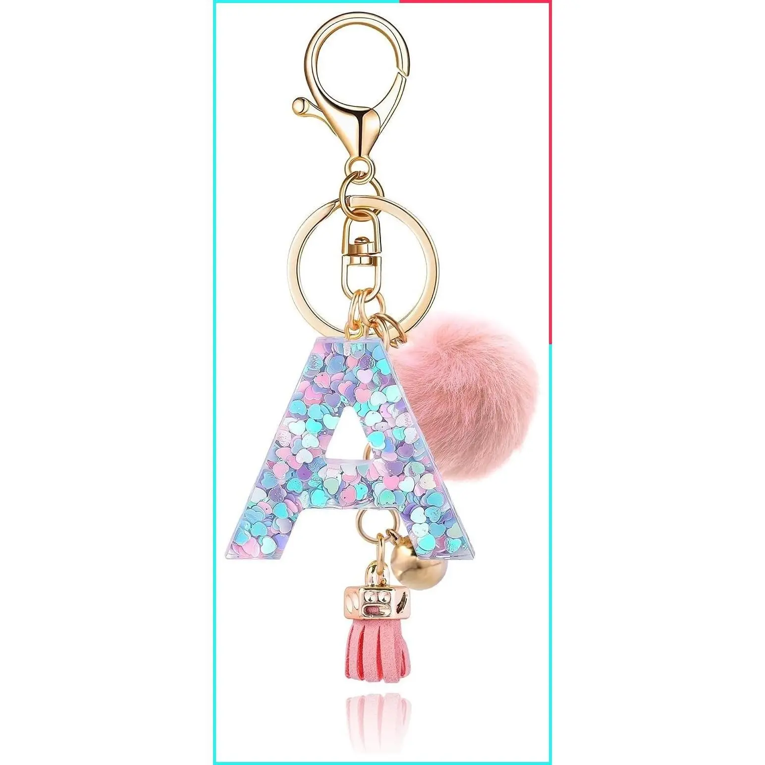 Resin Alphabet Initial Letter Keychain with Fur Pom Ball Charm for Women Purse Handbag