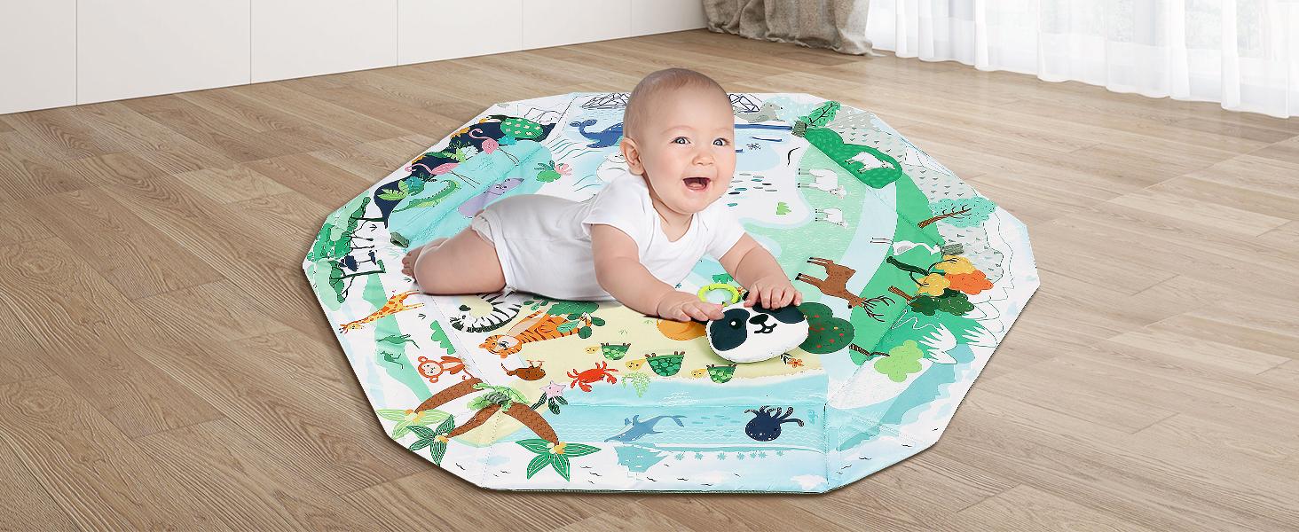 DeLorma 4-in-1 Tummy Time Mat Baby Activity Play Mat with 6 Infant Learning Sensory Toys & 18 Ocean Balls for Motor Skill Development 0-36 Months DeLorma 4-in-1 Tummy Time Mat Baby Activity Play Mat with 6 Infant Learning Sensory Toys & 18 Ocean Balls for Motor Skill Development 0-36 Months
