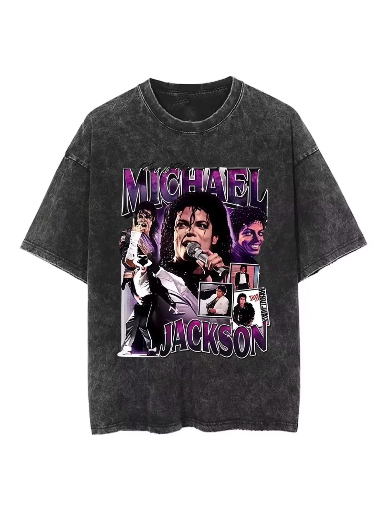 Men's Washed Vintage Michael Tribute Print T-Shirt, Loose Fit Retro Music Idol Street Style, Casual Short Sleeve Top