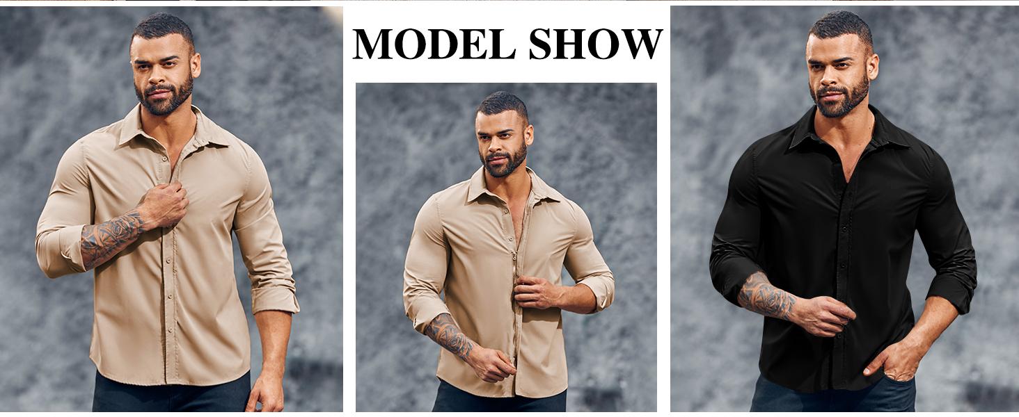 COOFANDY Mens Button Down Dress Shirt Long Sleeve Slim Fit Zip Up Formal Business Wedding Tuxedo Shirts