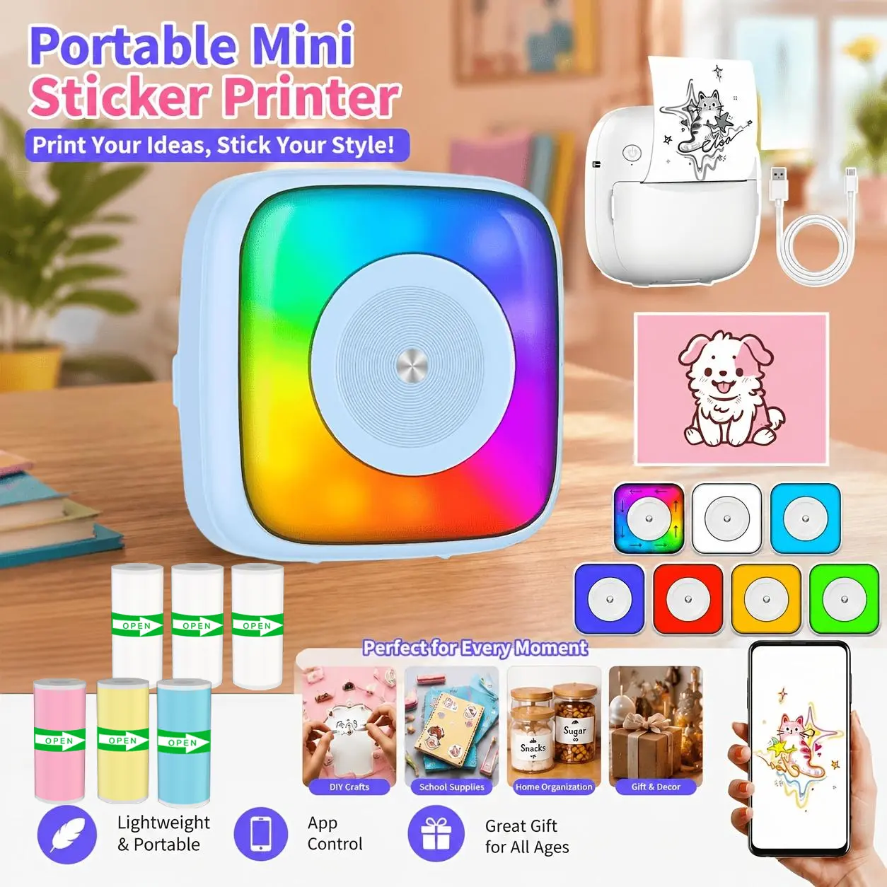 57mm Mini Thermal Printer with 6 Rolls of Paper - Bluetooth Wireless Inkless Portable Pocket Label Printer, suitable for study notes, DIY crafts, and small businesses, compatible with 57mm thermal paper rolls.
