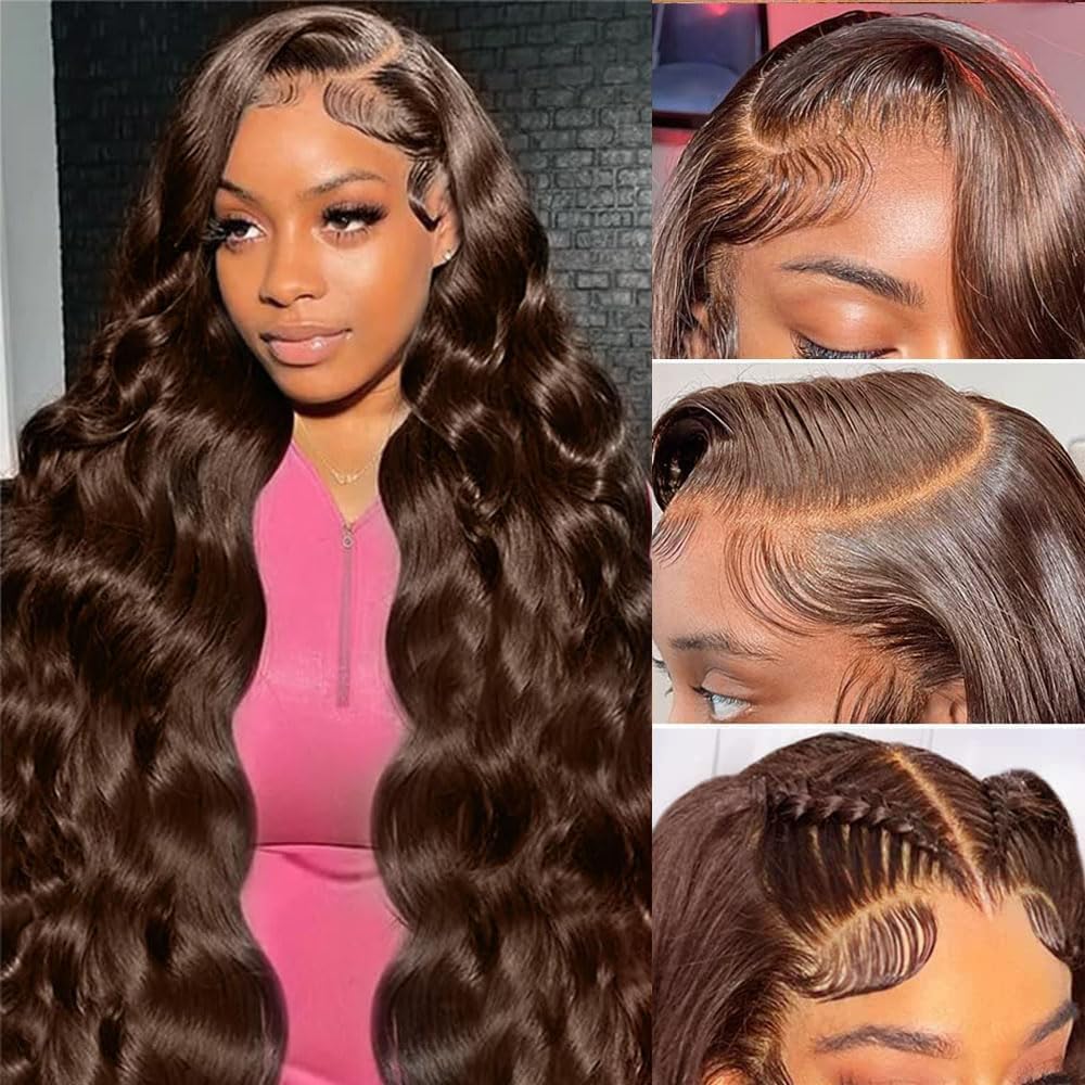 [Bling Hair ] 13x6 16-32 Inch Chocolate Brown Lace Front Wigs Body Wave Real Hair Wigs Pre Plucked 180% Density 4# Brown Wig