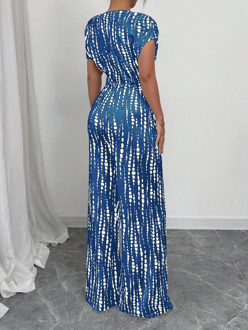 Women's All Over Print Tie Front   Jumpsuit, Casual Asymmetrical Neck   Jumpsuit for Spring & Fall, Women's Clothes for Daily Wear