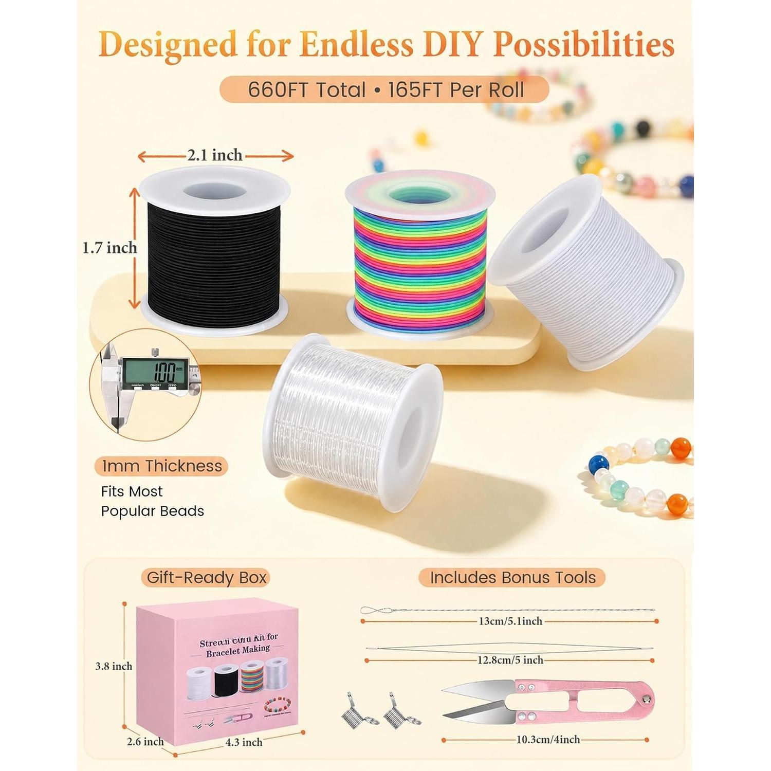 DIY Beading Elastic Cord Kit - 4 Rolls of 1mm 660FT Bracelet String for Pony Beads, Keychains, Jewelry Craft Projects DIY Beading Elastic Cord Kit - 4 Rolls of 1mm 660FT Bracelet String for Pony Beads, Keychains, Jewelry Craft Projects