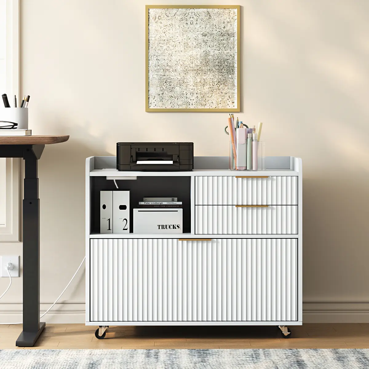 [Fahuac] Mobile File Cabinet with Charging Station, Fluted Storage Cabinet with 3 Drawers, Rolling Printer Stand with Lockable Wheels for Home Office.
