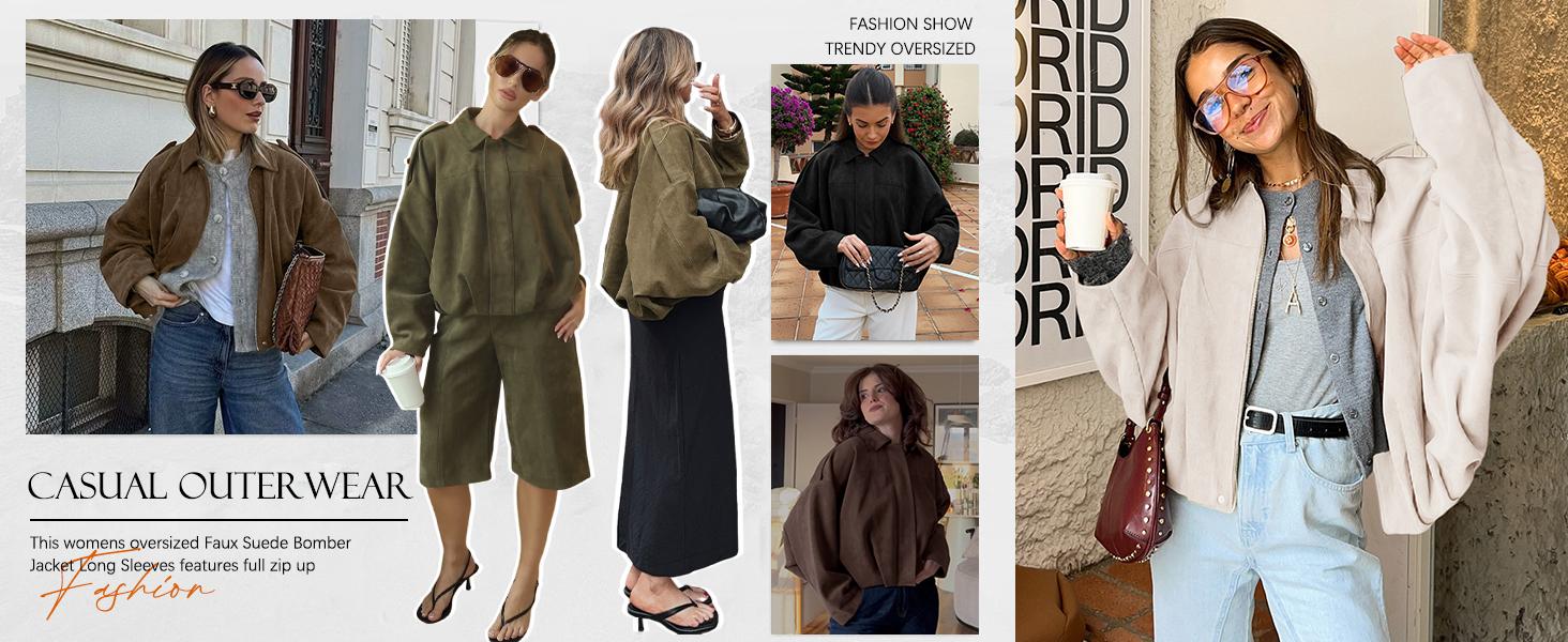 SHEEN Women's Faux Suede Jacket -2026 Spring/Autumn Vintage Solid-Color Collared Zip-Up Long-Sleeve, Loose Batwing Sleeve with Epaulets Bomber Warm Outerwear, Basic Top