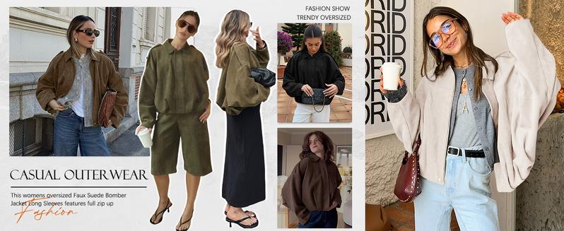 SHEEN Women's Faux Suede Jacket -2026 Spring/Autumn Vintage Solid-Color Collared Zip-Up Long-Sleeve, Loose Batwing Sleeve with Epaulets Bomber Warm Outerwear, Basic Top