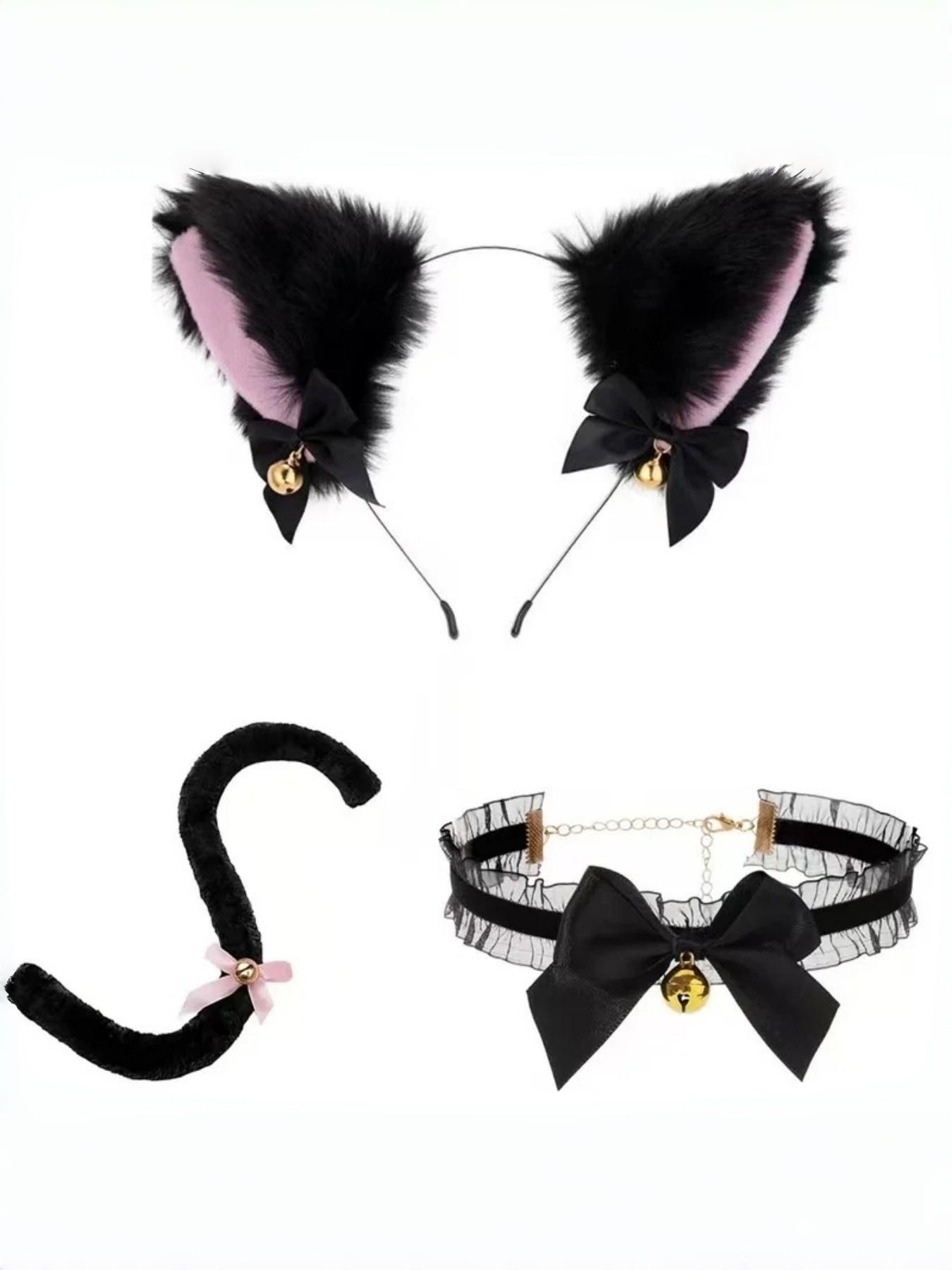 Handmade Cat Ear and Tail Accessories Set, Animal Print Costume for Dance Performances, Halloween Belly Dance