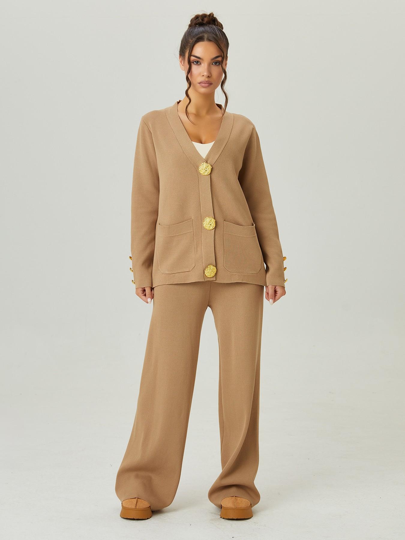 Women's Versatile V-Neck Gold Button Side Pocket Knit Cardigan and High Waist Wide Leg Pants Set, Elegant Two-Piece, Comfortable Women's Clothing#TikTokMadeMeBuyIt #CasualChic#MatchingSet