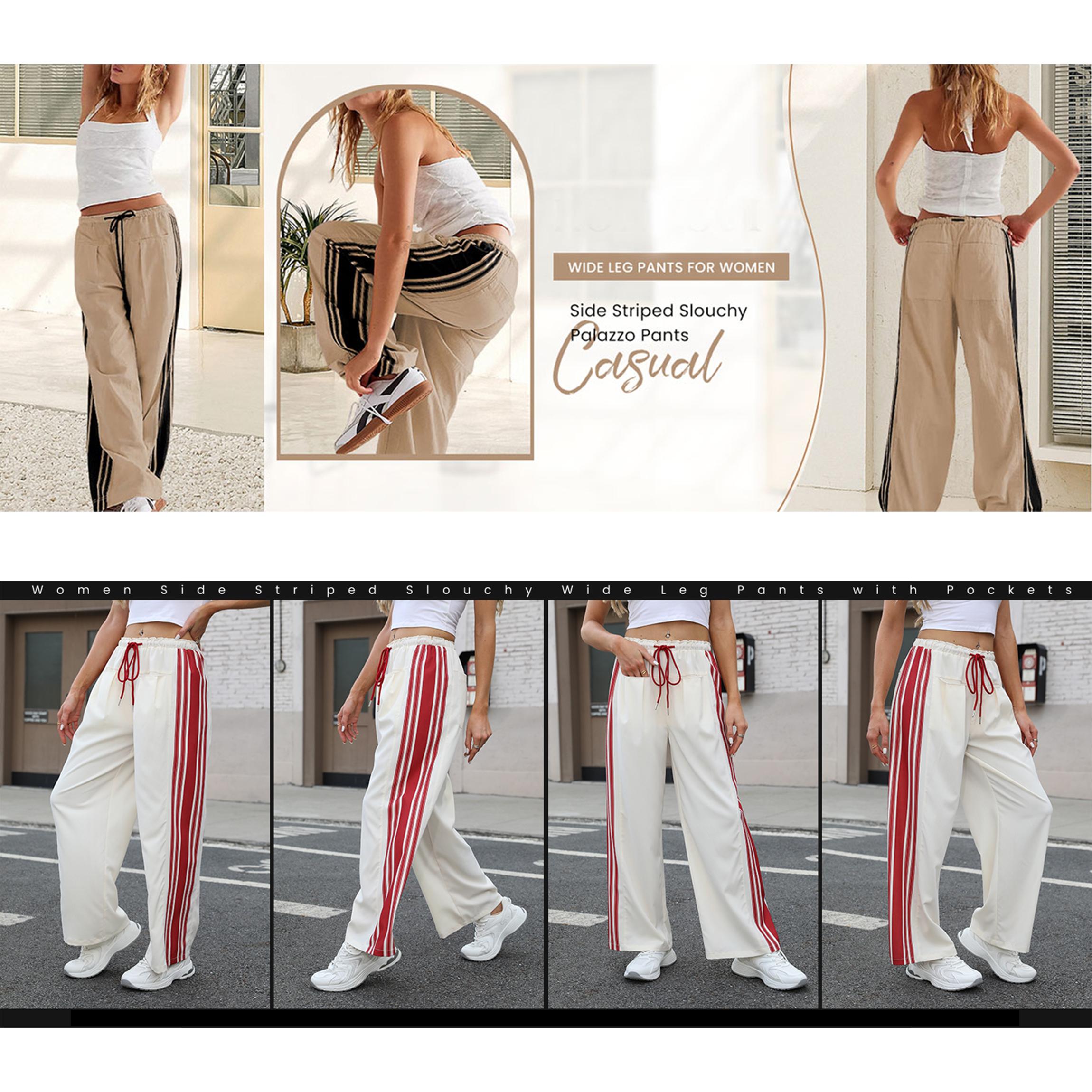 Buenoble Women's Wide Leg Side Stripe Pants Loose Fit High Waist Drawstring Track Pants Casual Streetwear Joggers