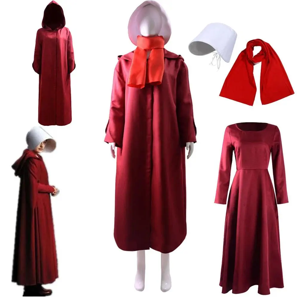 The Handmaid's Tale Cosplay Costume Handmaid Offrod Woman Red Cloak Dress Scarf White Hat Set Halloween Party Accessories