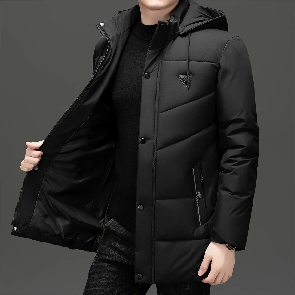 Men Mid Length Thickened Hooded Outerwear Padded Warm Jacket Smooth Windproof Fabric Adjustable Drawstring Hood Zipper And Snap Button Placket Diagonal Quilted Design Casual Loose Cut Suitable For Daily Commuting Winter Travel And Outdoor Leisure Activiti