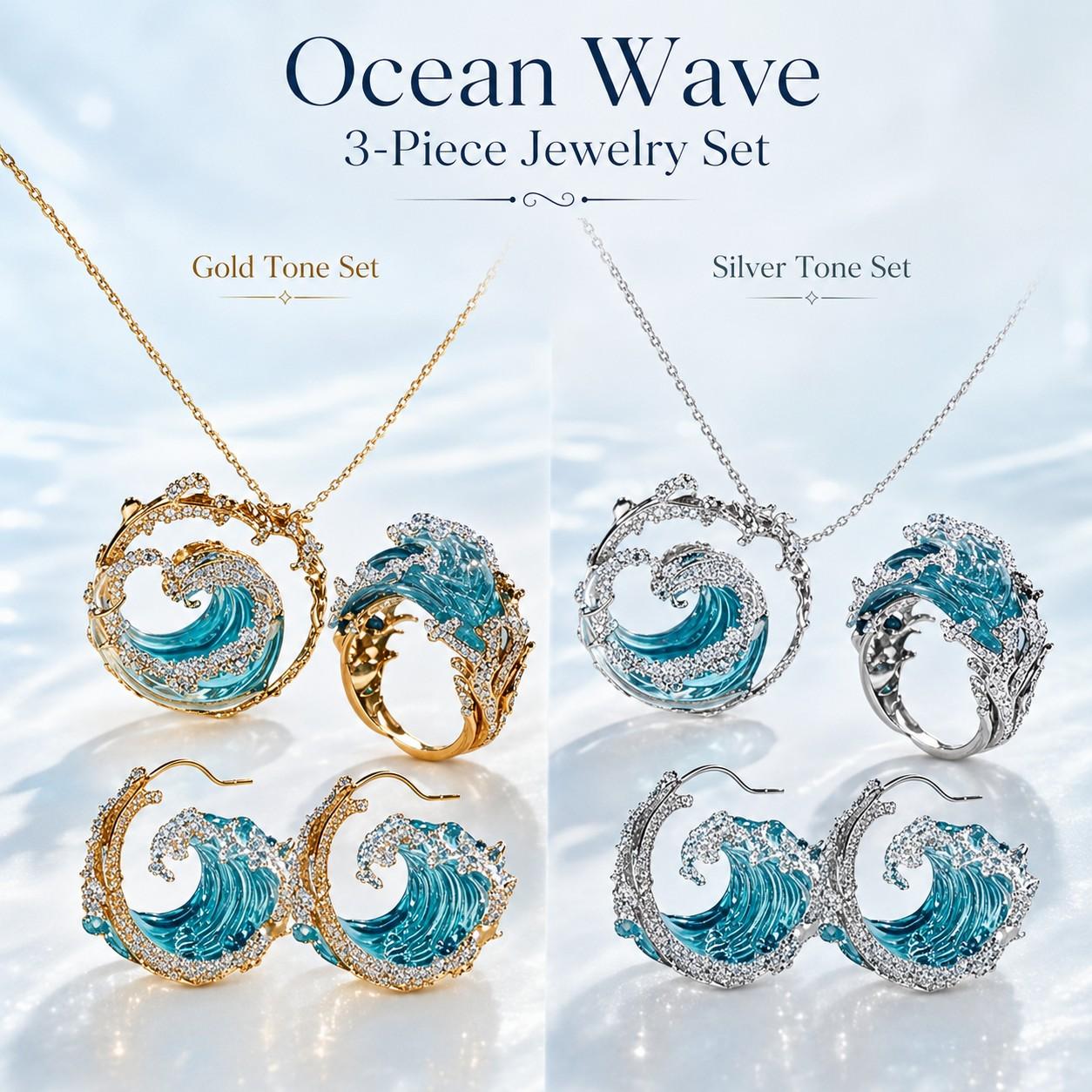 Women's 3-Piece Ocean Wave Coordinated Costume Jewelry Set - Gold or Silver Tone Necklace, Ring, Earrings - Translucent Beach Themed Female Wear Gift for Fashion Enthusiasts, Coordinated Set