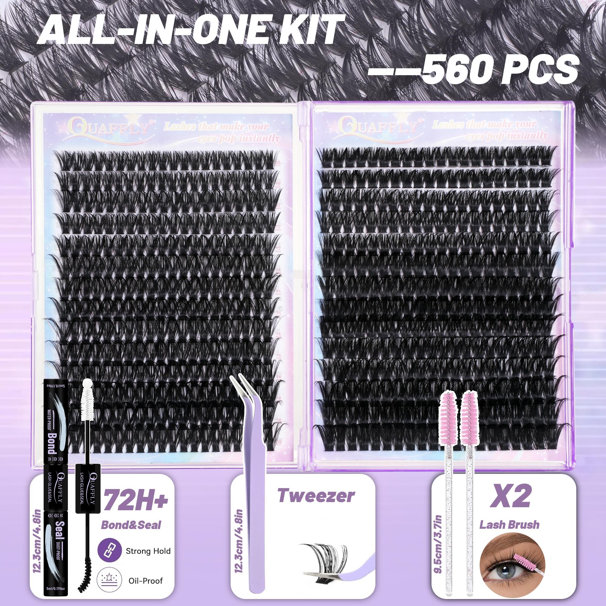 560Pcs DIY Individual Eyelash Kit Lash Extension Kit Volume Lash Clusters 60D+80D 10-18mm Lash Clusters Kit Thick Eyelash Extension Kit With Lash Bond and Seal Tweezers Brush*2