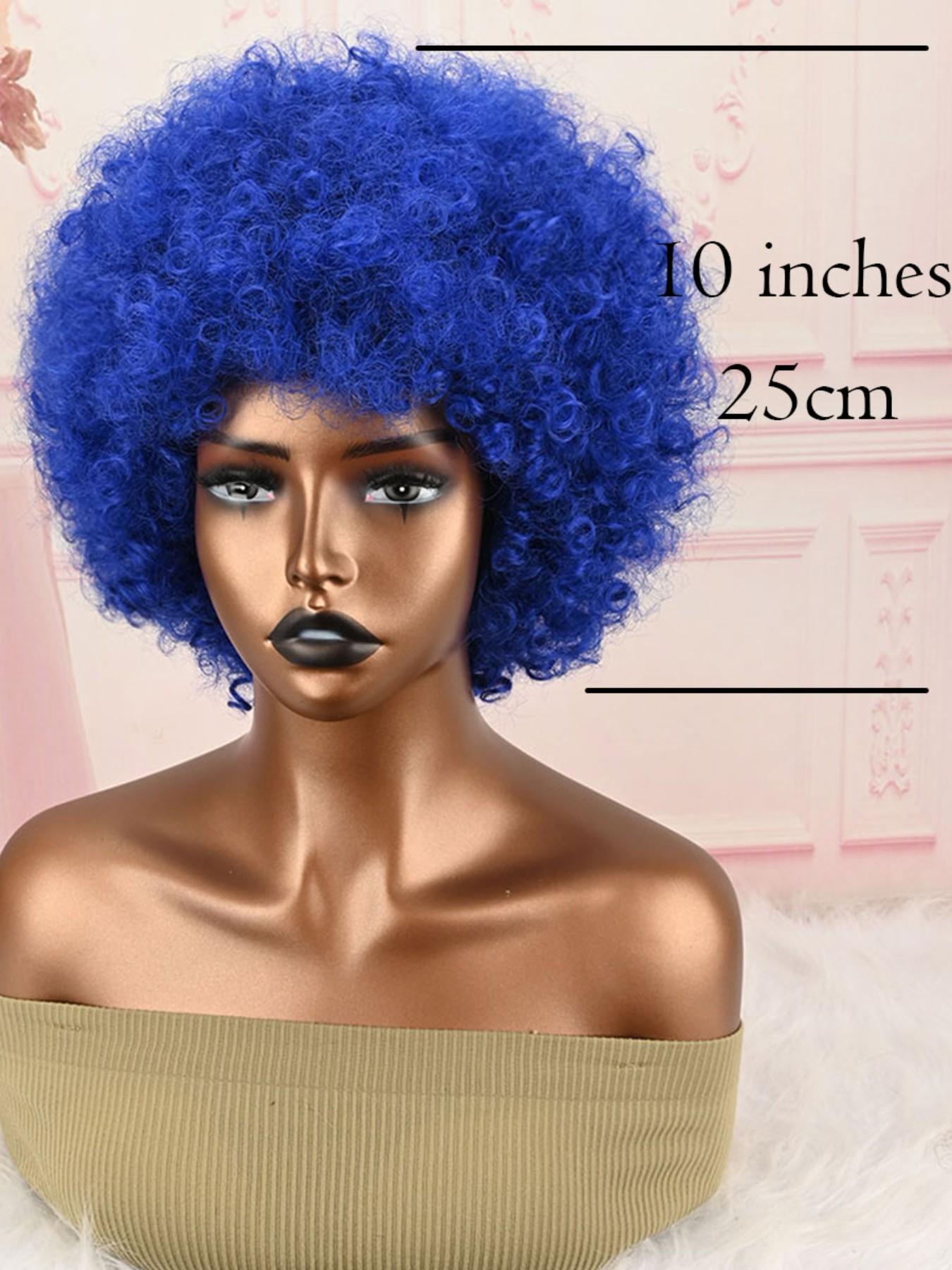 Bright Blue Fluffy Afro Synthetic Wig With Bangs High Temperature Fiber Short Kinky Curly Full Wig 70s Retro Style Afro Wigs For Cosplay Party Festival Photoshoot