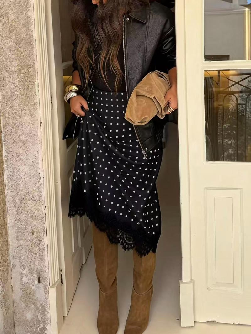 Women's Polka Dot Patchwork Colorblock Elegant Party Fabric Lace Trim Skirt, Vacation Beach Autumn Winter Fashion