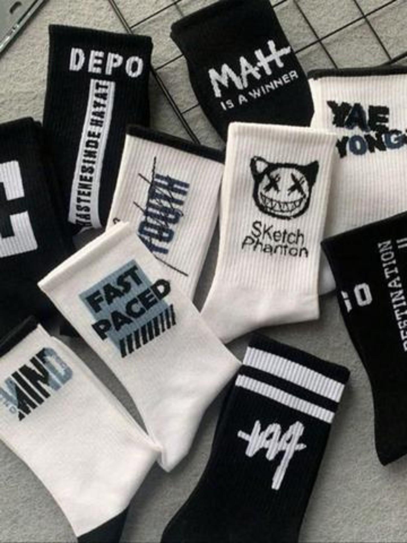 Men's Graffiti Crew Socks, High-Profile Design, Spring & Fall Wear, & Streetwear Style, Comfortable & Breathable, All Seasons