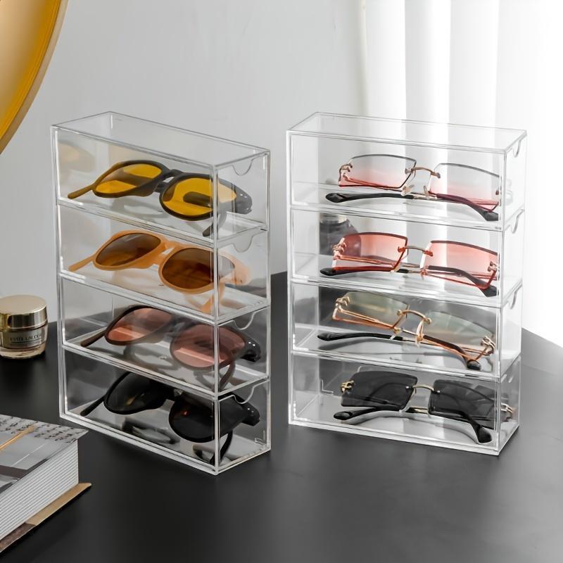 Clear Acrylic Dustproof Stackable Sunglasses Storage Box, 1 Count 4 Layer Sunglasses Display Box, Sunglasses Organizer, Home Organizer for Living Room Bedroom, Multi Grids Organizer