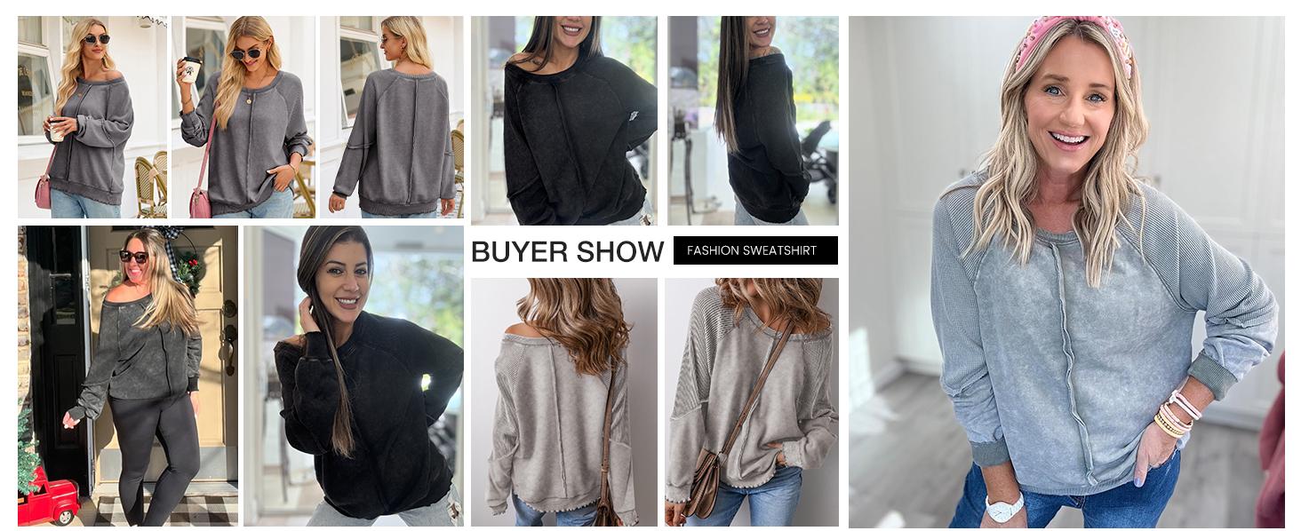 Shewin 2026 Spring Cozy Distressed Waffle Knit Sweatshirt Women’s Long Sleeve Pullover Soft Layering for Casual Daily Leisure Looks Ultra-soft Lightweight & Breathable Tie-Dye Fabric - Womenswear SpringStatements