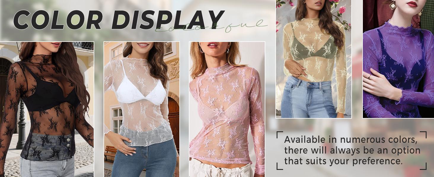 Women's 3-Pack Comfortable Lightweight Sheer Floral Embroidered Lace Long Sleeve Mock Neck Blouse Outfits, Black+White+Coffee, Polyester Edit Style Layering Lace Top for Camping & Outdoor Activities