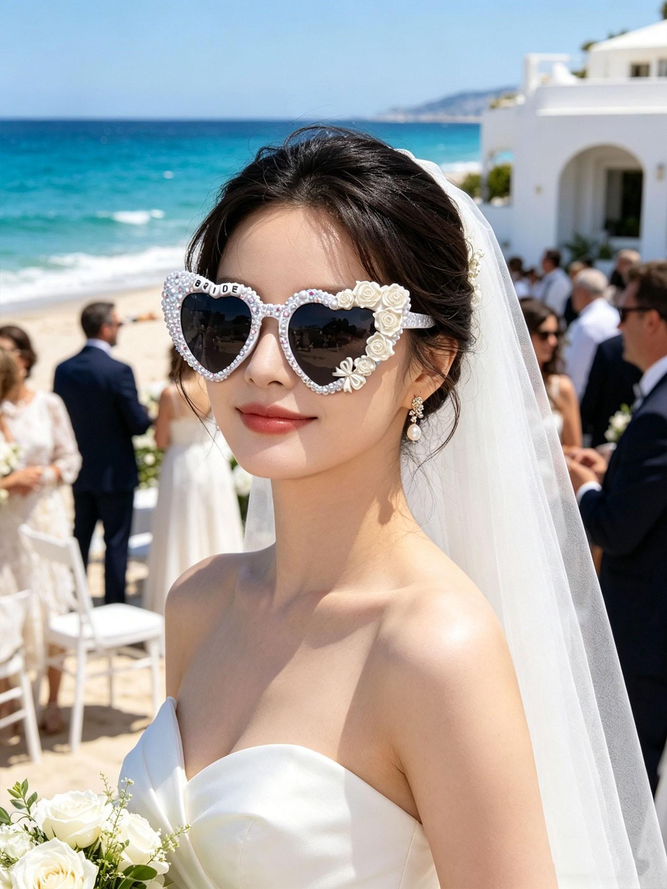 Elegant Bridal Sunglasses with Heart and Rose Design, Luxury Fashion Accessory for Wedding Photos, Ideal Gift for Bride