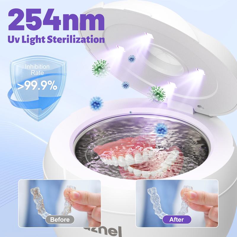 Wazhel Ultrasonic Cleaner for Retainer with UV Light – 45kHz Cleaning Machine for Dentures, Night Guards, Aligners, Toothbrush Heads, Jewelry, Pacifiers & Makeup Brushes – 200ml Tank&4 Modes, Digital Timer