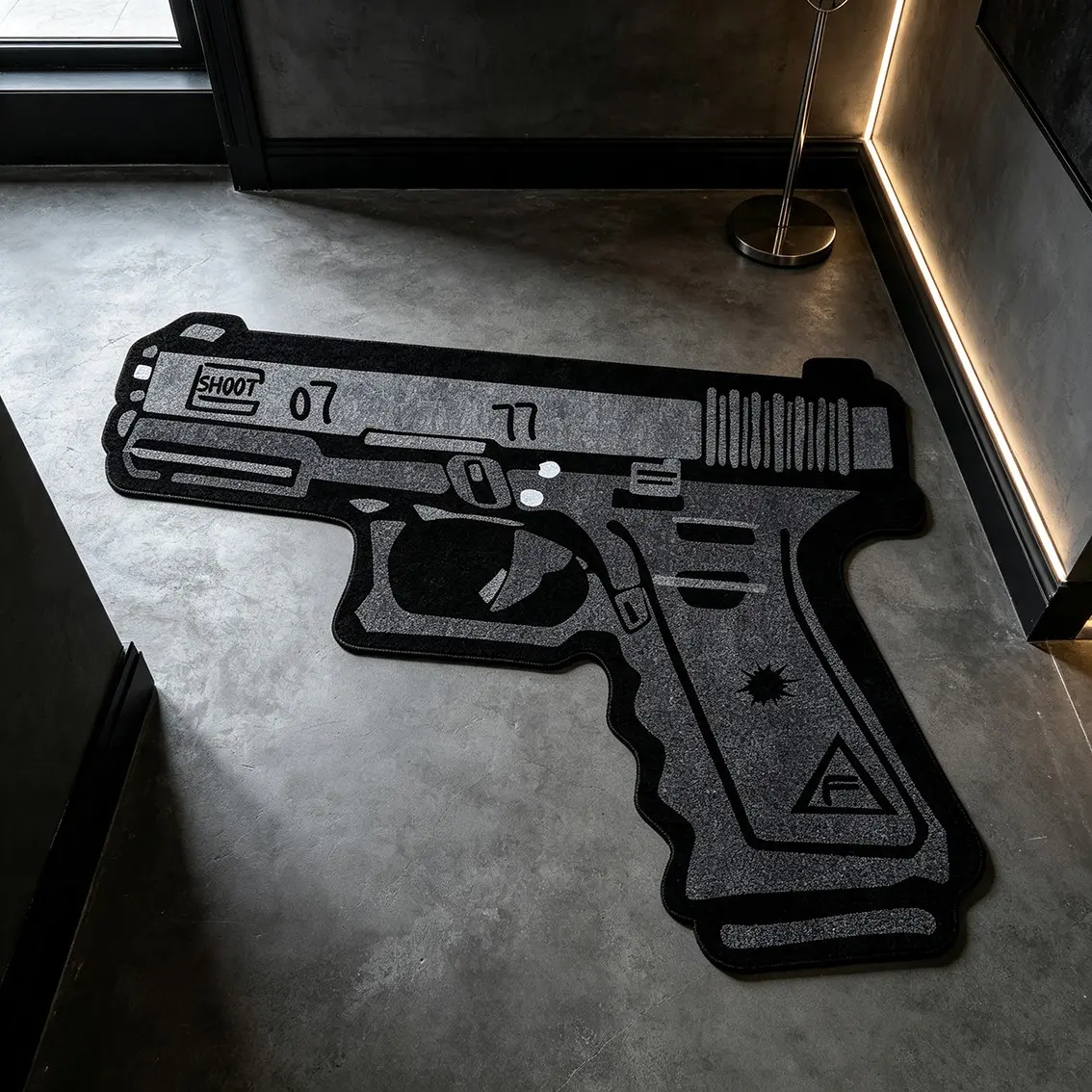 Gun shaped irregular design carpet, black gray contrasting color plush floor mat, entrance anti slip and wear-resistant foot mat, Floor Mats For House, decoration mat suitable for ins style/street trend home decoration, Home Decor Rug, Decorative Rug