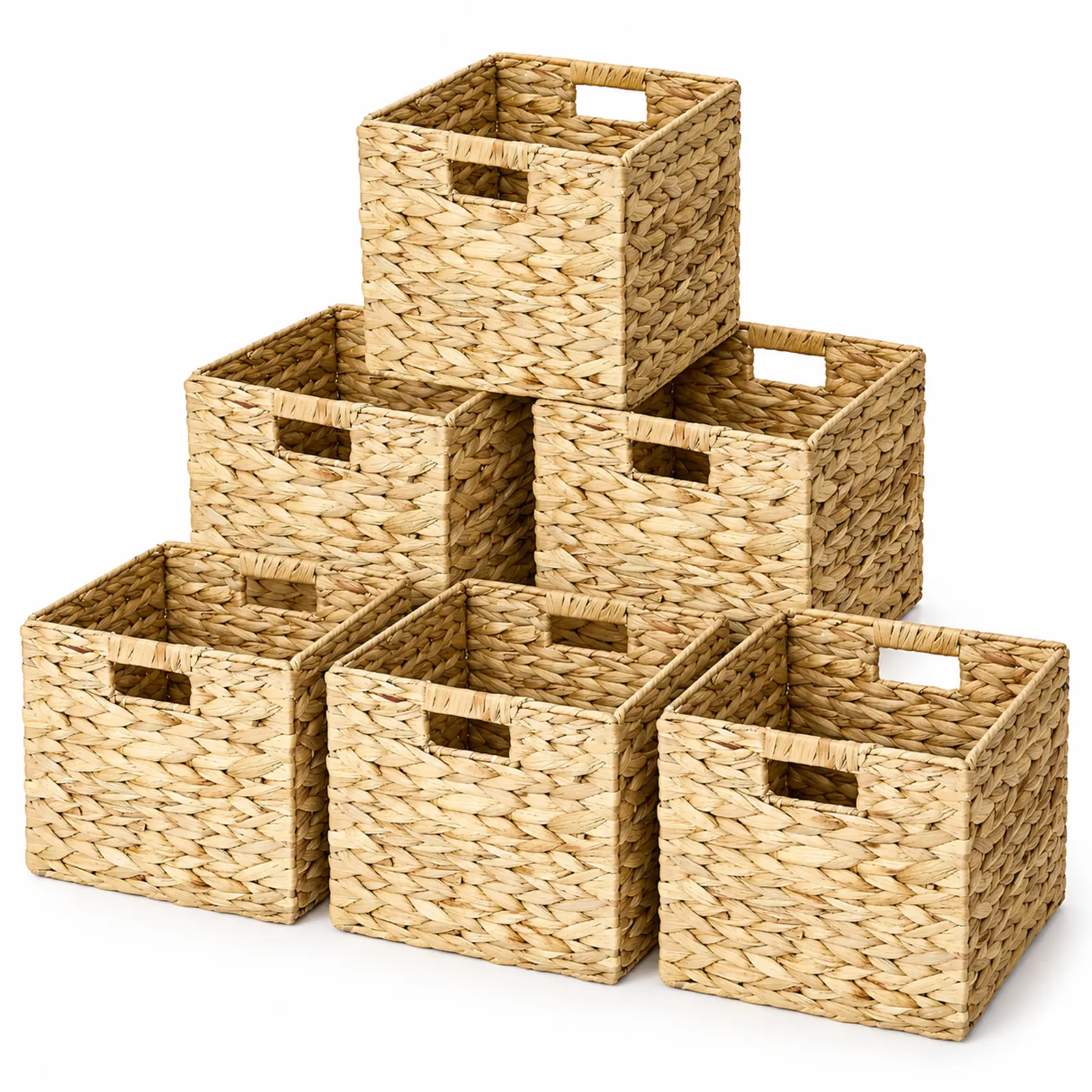These 6 Pack Wicker Storage Baskets for Organizing Come with Handles and a 10.5 Inch Cube Size, and This Woven Water Hyacinth Basket Set Is Collapsible for Use as Rattan Bins on a Shelf, in a Nursery, Bathroom, Pantry or Closet with a Natural Look,home de
