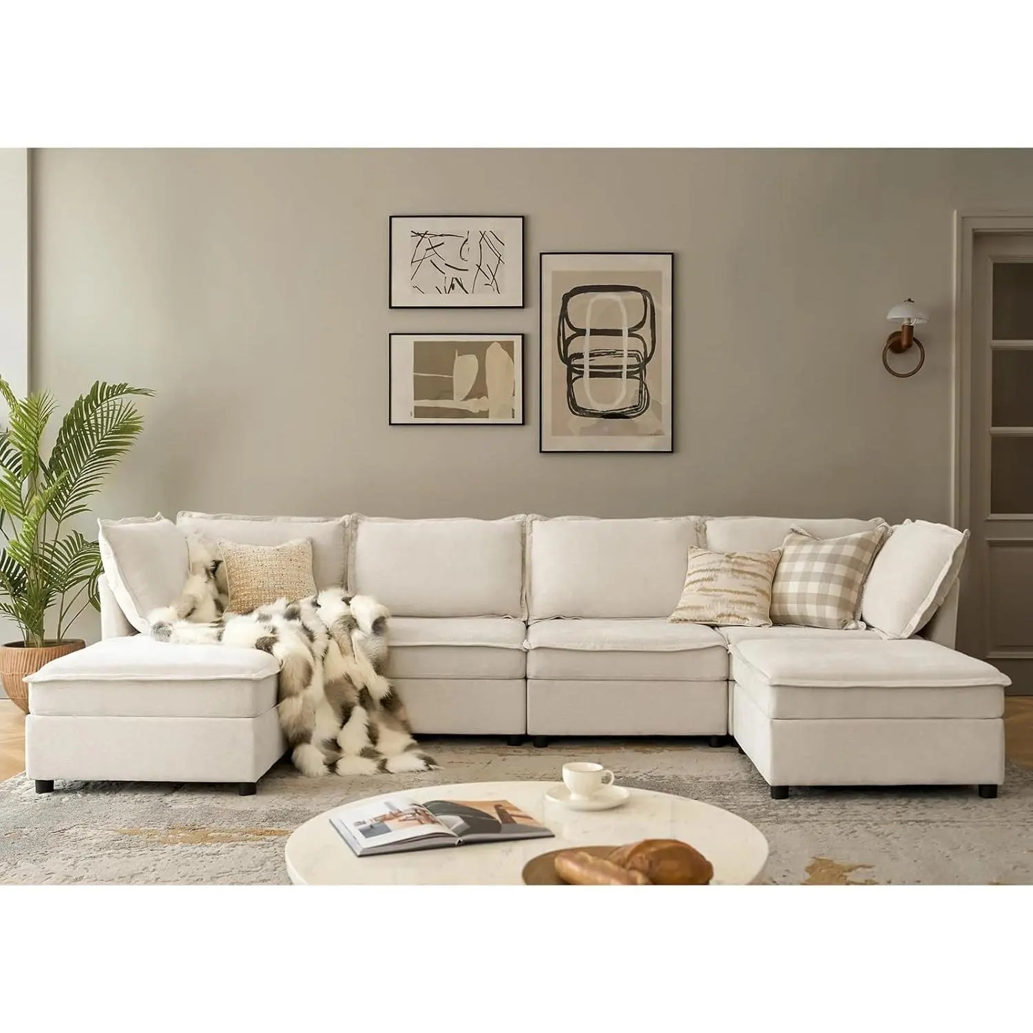 Garvee Modular U-Shaped Sectional Sofa - Deep Seat Chenille Upholstery, Detachable Sections, Ottoman Footrest, Cup Holder, Washable Covers, Easy Assembly - White, Single Seat