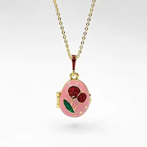 vibecharm Long Openable Butterfly Locket Necklace - Gold-Tone Boho Costume Jewelry with Pink Enamel Cherry Egg Pendant, Secret Inner Charm, Unique Women's Summer Gift Accessory, Butterfly Necklaces, Charm Decoration Necklaces