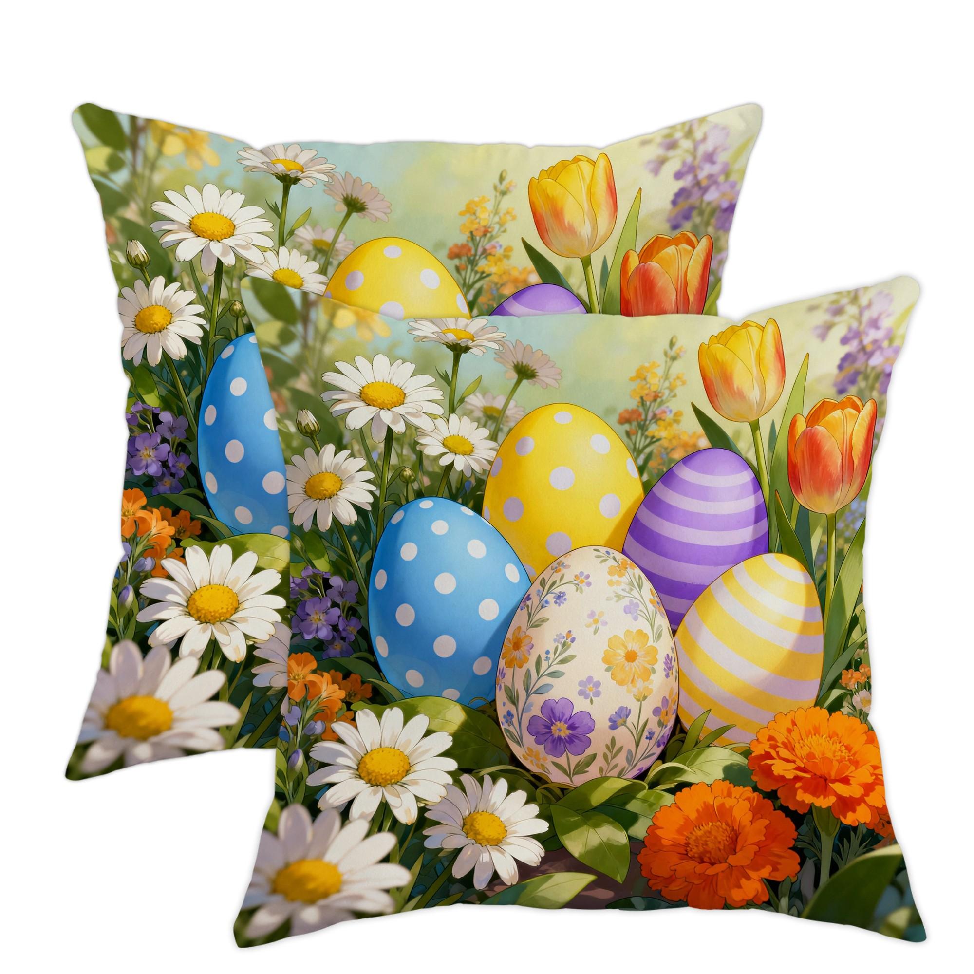 Jit 2pcs 2D Flat Easter Eggs Throw Pillow Covers, Spring Festive Daisies Tulips Design, Soft Velvet Material, Washable Cushion Cover