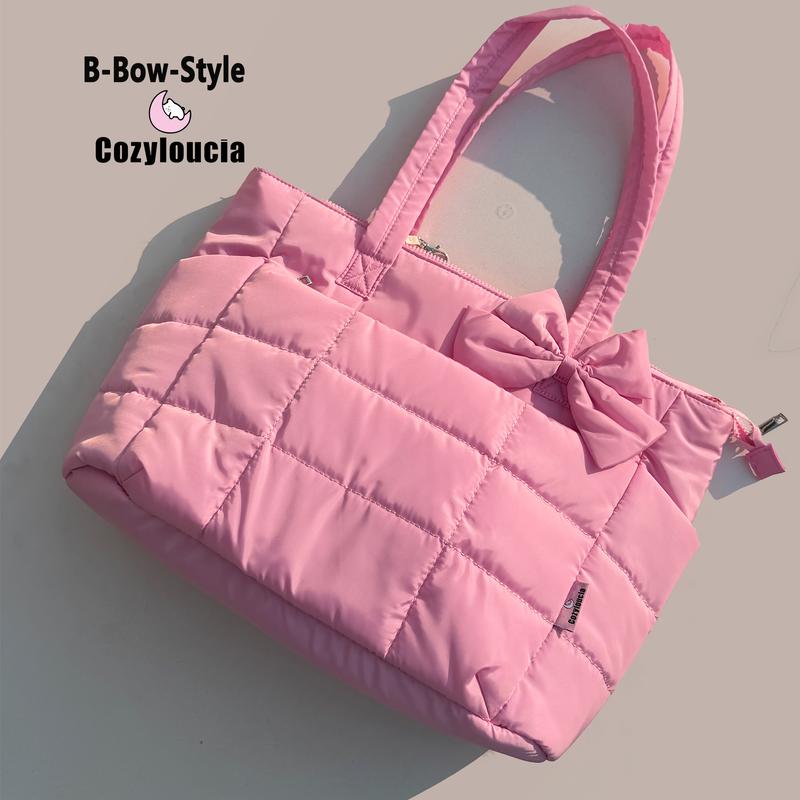 CozyLoucia Cute Puffer Tote Bag for Women Pink Flower Print Interior Laptop Shoulder Handbag, Lightweight Best Tote Bag for Work with Multiple Compartments for Travel , Work  and School ,Christmas Gift Ideas