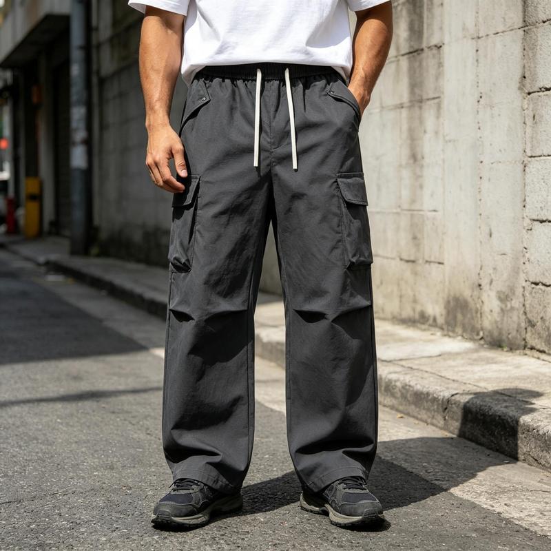 Men's Plain Loose-Fit Straight Polyester Cargo Joggers - Elastic Waist, Cargo Pockets, Machine Washable, Menswear, All-Season Casual Daily Streetwear