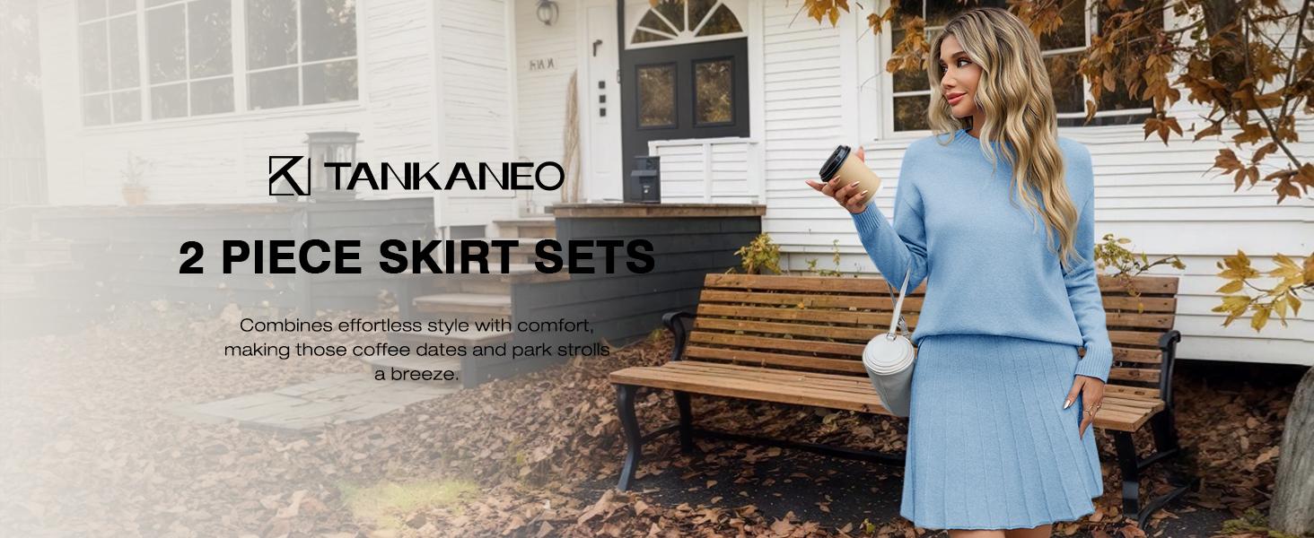 Tankaneo Womens Skirt 2 Piece Sweater Set Long Sleeve Crewneck Sweaters Pleated Mini Skirt Knit Lounge Sets