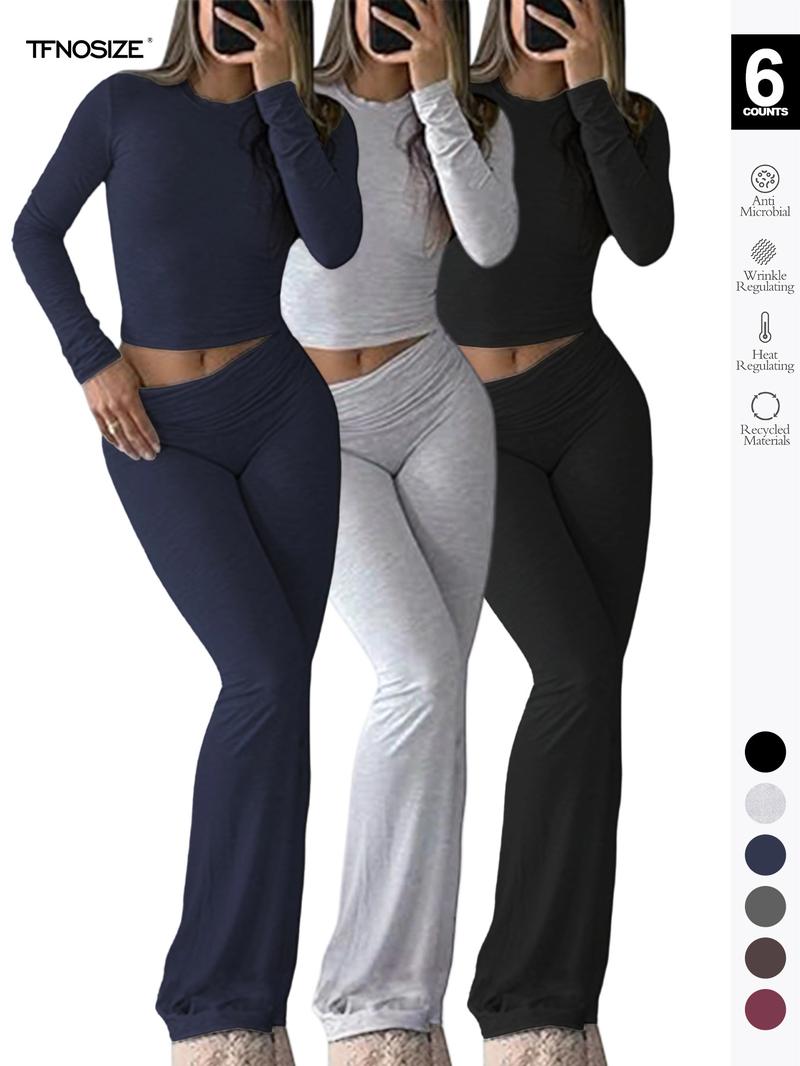 Women's 2 Piece Casual Pajama Set, Slim Fit Long Sleeve Top & Low Rise Bell Bottoms, Versatile Yoga Loungewear for All Seasons,Airport Outfit