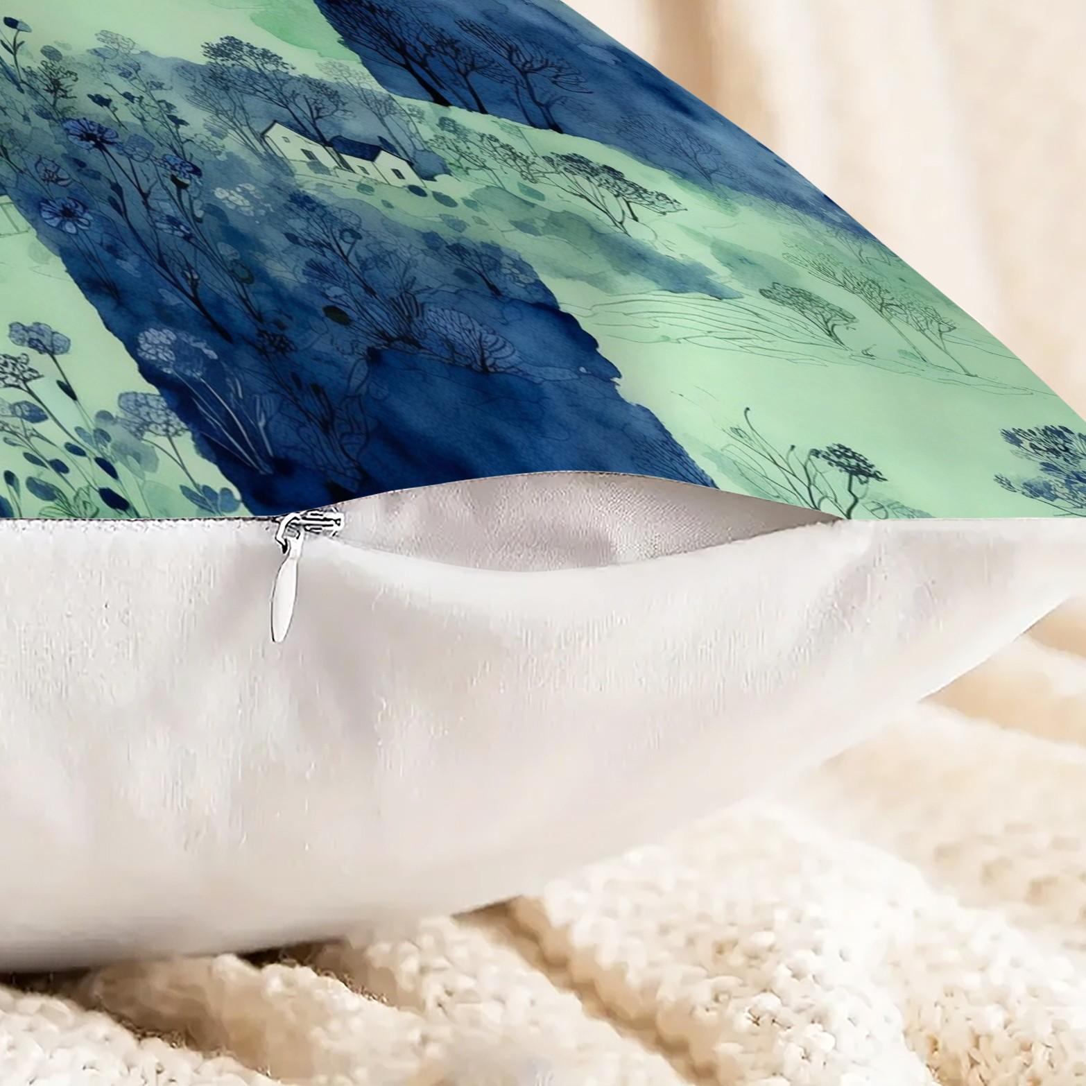 1 Piece Watercolor Landscape Checkered Throw Pillow, HD Digital Printed Cushion, Soft Cozy Accent Pillow for Sofa, Chair and Bedroom Decor with Invisible Zipper, Non-Fading