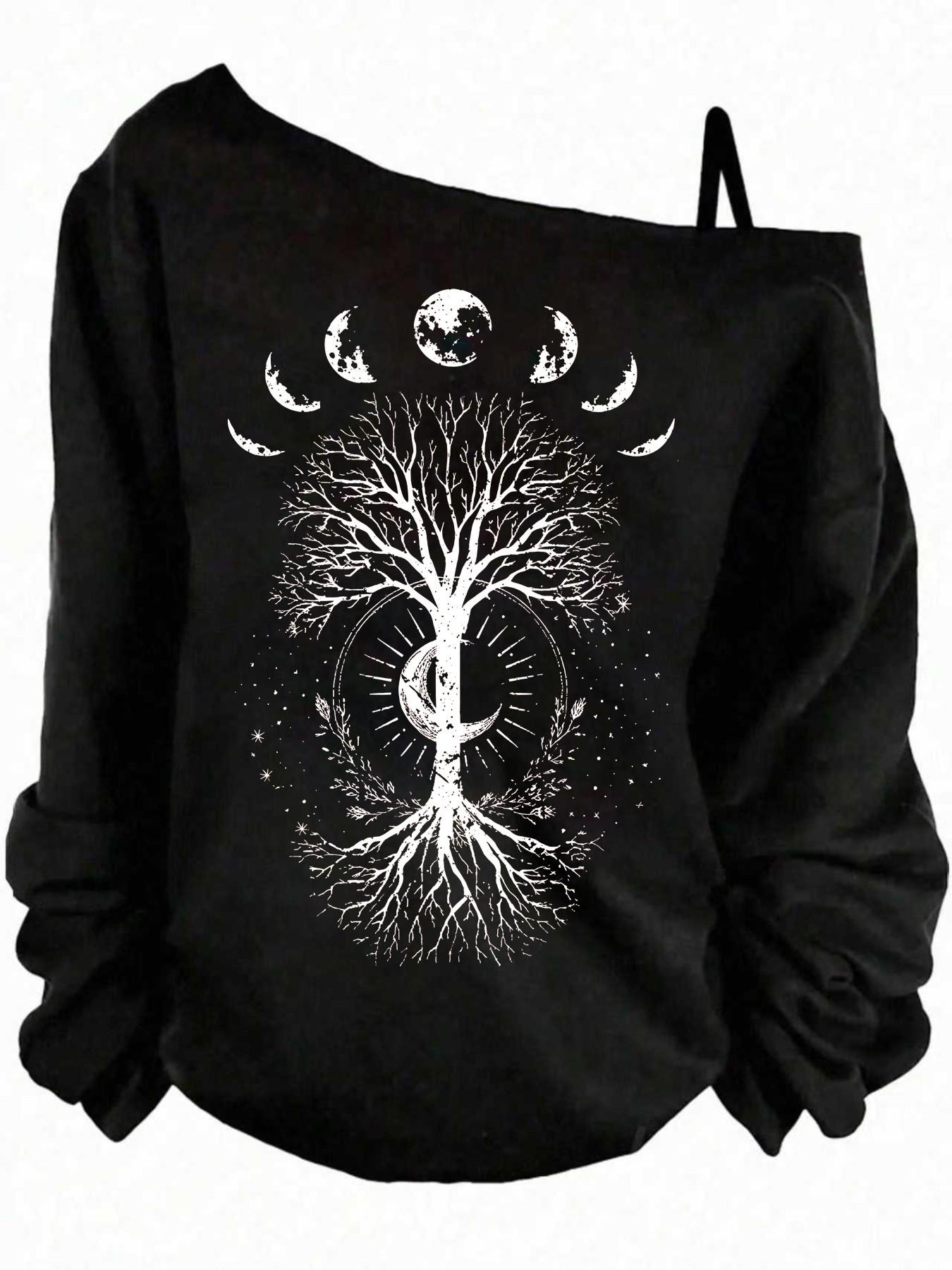 Women's Off-Shoulder Slouchy Casual Sweatshirt, Moon Phase Tree of Life Print, Oversized Pullover, Boho Occult Graphic, Women's Tops, Womenswear, Spring&fall
