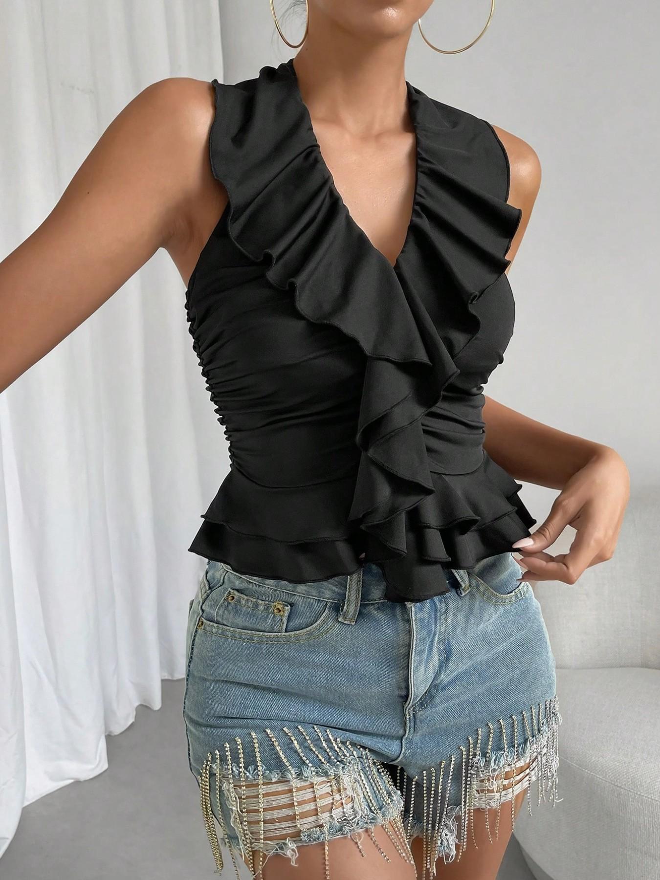Women's Leaf V-Neck Sleeveless Ruched Tank Top Set, Essential for Daily Commute, Casual Fitted Style, All Seasons Wear