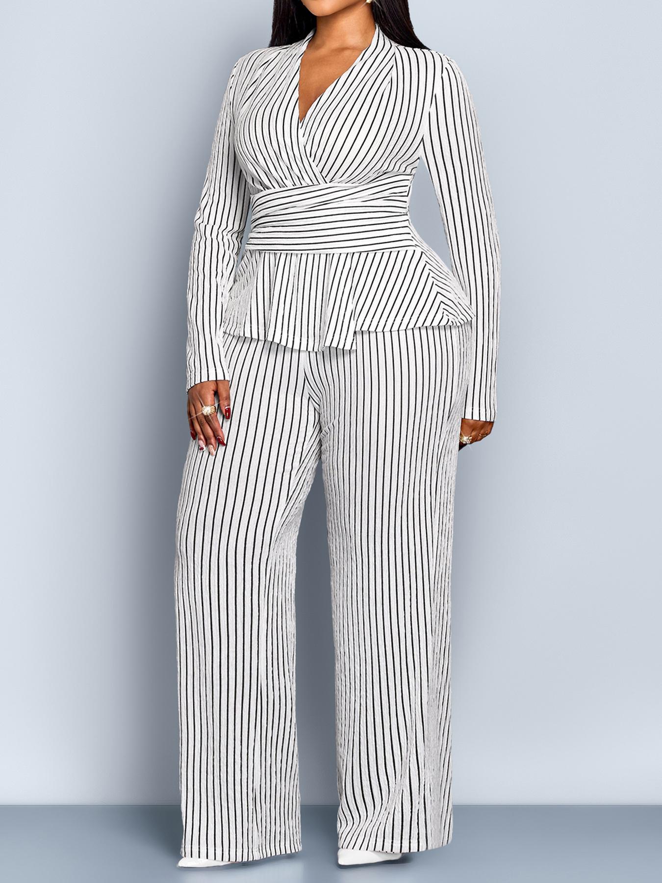 Women's Striped Two-Piece Set, Elegant Fall & Winter, Deep V-Neck Long Sleeve Top, High-Waisted Wide-Leg Pants, Plus Size