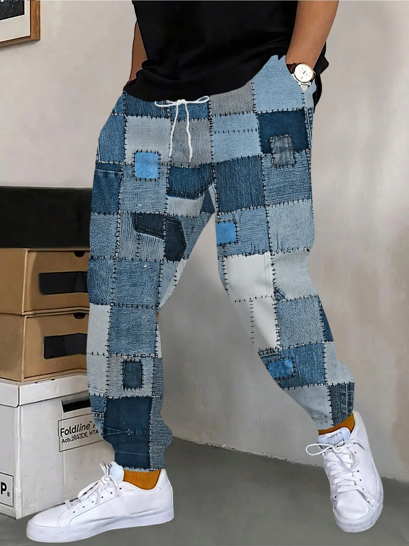 Vintage Patchwork Denim Joggers, Loose-Fit All-Over Print Pants, Casual Fall Running Trousers for Men, Unlined Comfortable Style