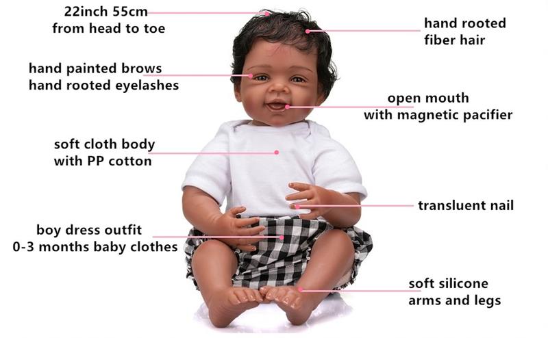 Reborn Baby Dolls Lovely 22 Inch 55 cm Reborn Baby Doll Soft Silicone Toddler Dolls African American Baby Doll Toy Child Gift Christmas Toys for Age 3+ doll baby  doll