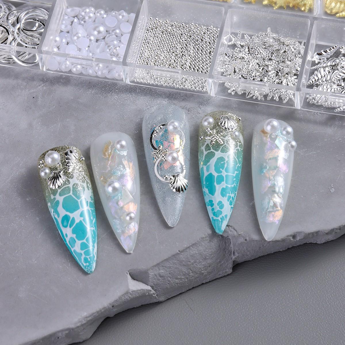 Summer Beach Style Nail Art Accessories, 3D Metal Rivets, Starfish, Shell, Seashell Shapes, Pearl, Caviar Beads, DIY Nail Decoration