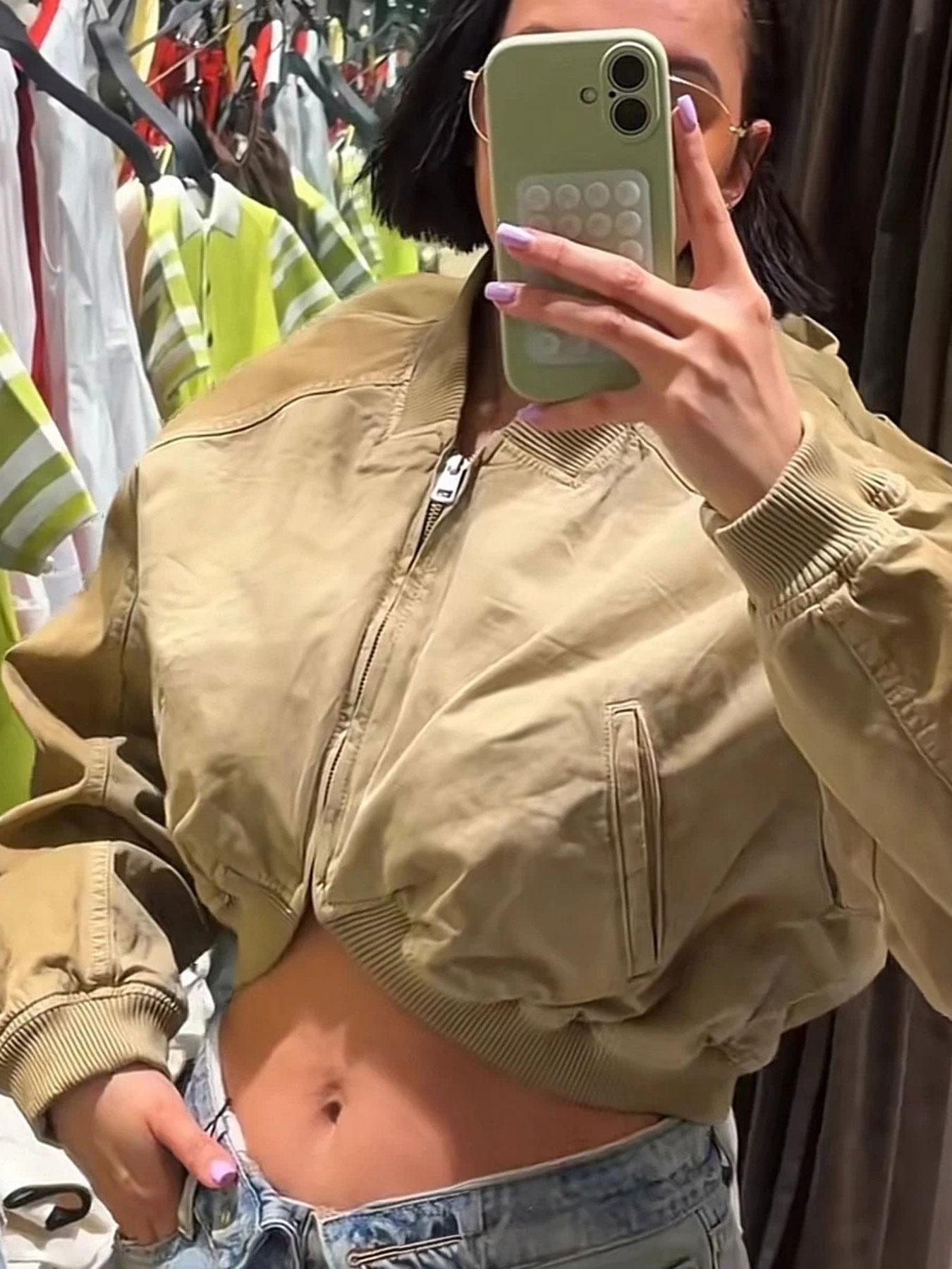 Women's Olive Green Loose Cropped Basic Bomber Jacket, Casual Zipper Coat, Vintage Casual Full-Zip Outerwear with Ribbed Collar & Cuffs, Side Pockets, Streetwear Layering Coat for Spring & Summer