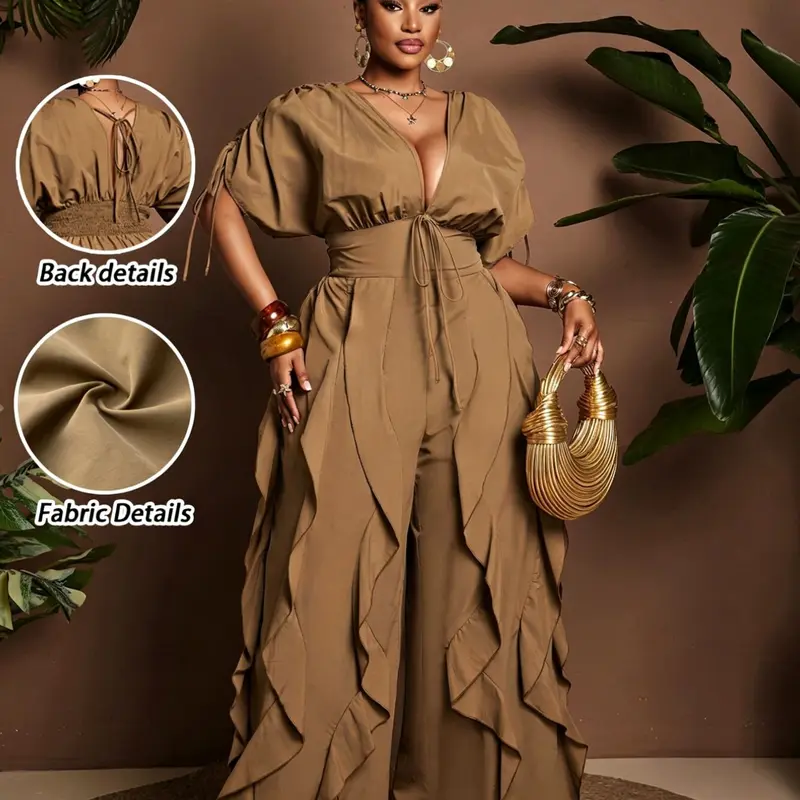 Plus-Size Women's Adjustable Drawstring Ruffle High Waist Wide-Leg Jumpsuit Style for All Seasons