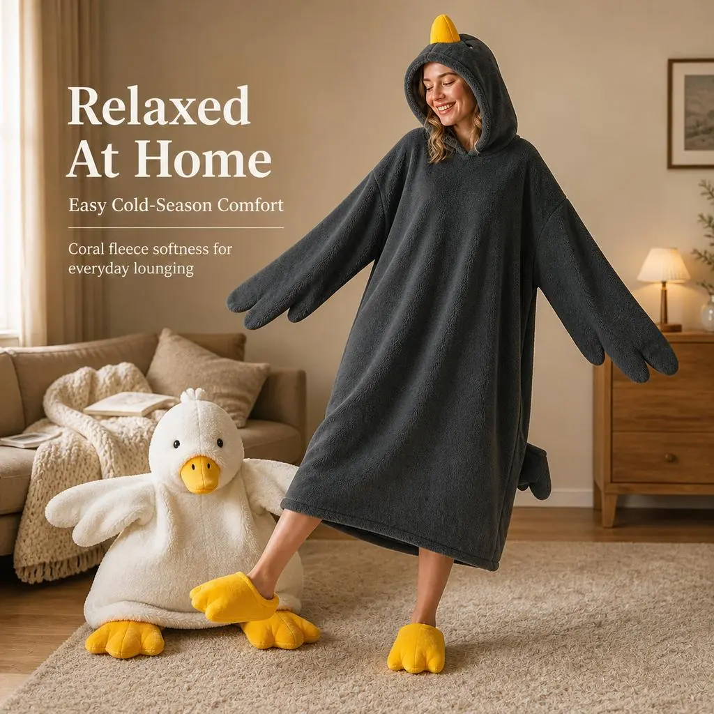 Women's Funny Big Goose-Duck Wearable Hooded Blanket Set, Cozy Coral Fleece Plush Robe With Duck Feet Slippers, Warm Oversized Cartoon Loungewear for Fall Winter Home