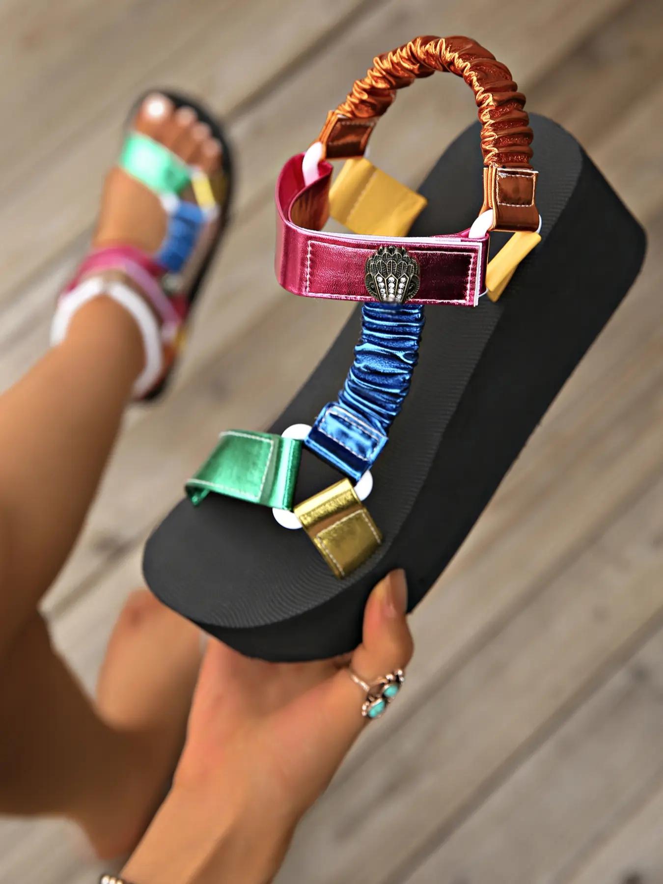 Women's summer bright fashion thick-soled Open Toe Platform sandals with a metal buckle, bright color splicing, outdoor Roman shoes, light and comfortable, hollow breathable beach shoes.