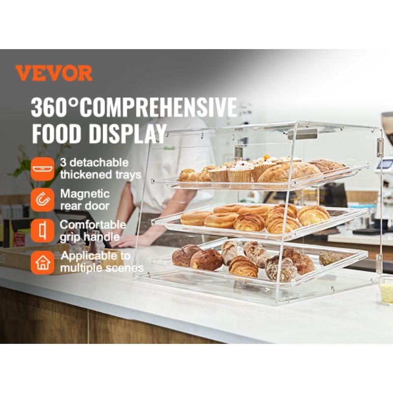 VEVOR Pastry Display Case, 3-Tier Commercial Countertop Bakery Display Case, Acrylic Display Box with Rear Door Access Removable Shelves, Keep Fresh for Donut Bagels Cake Cookie, 20.7x17x16.3